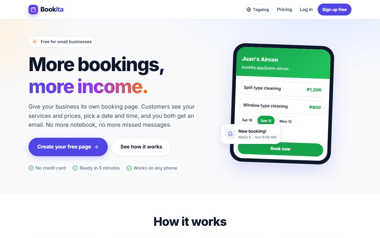 Home page of Bookita: 'More bookings, more income', with a phone showing a business booking page with services, prices and dates.