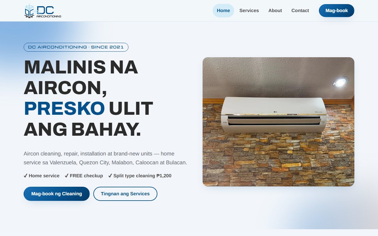 Home page of dcaircon.com: headline 'Malinis na aircon, presko ulit ang bahay', a photo of a wall-mounted air conditioner and a Book now button.