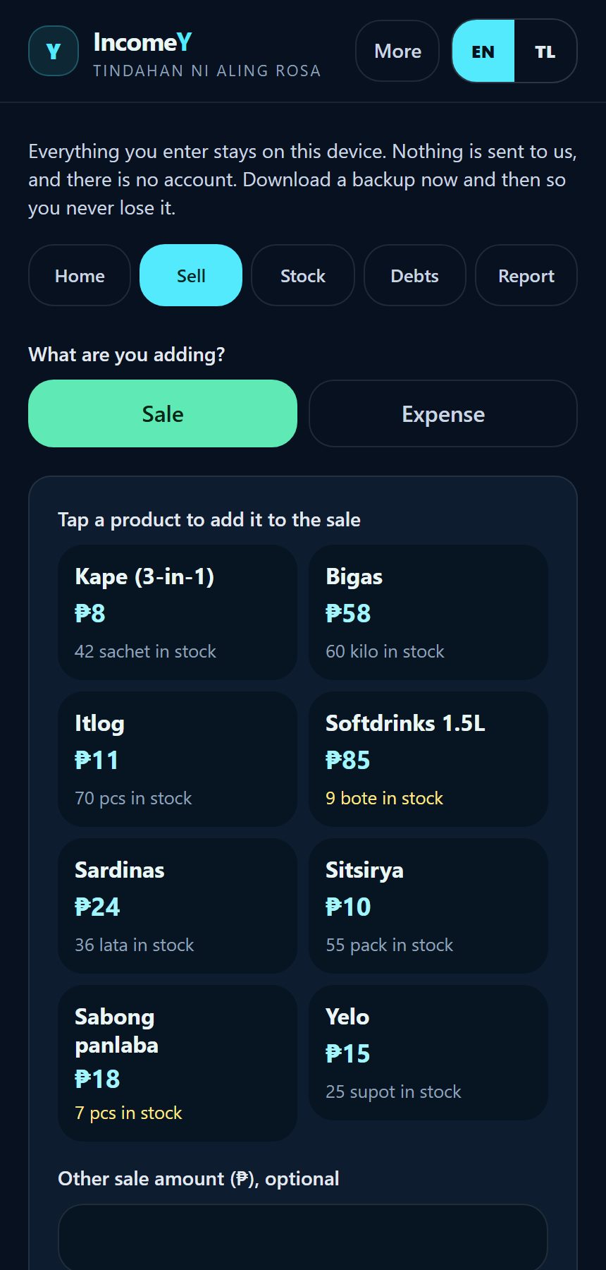 IncomeY Business Tracker sell screen on a phone: tap products to add them to a sale, then choose cash, GCash, bank or utang.